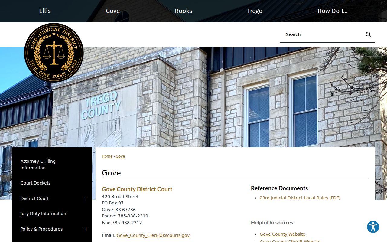 Official Gove County District Court contact page for docket access