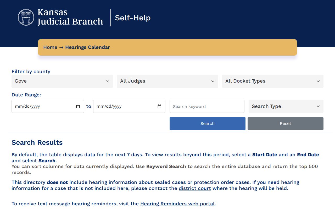 Kansas hearing calendar filtered for Gove County court docket settings